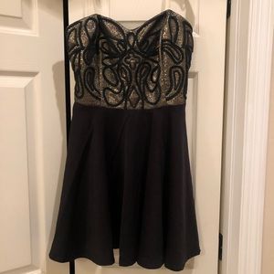 Black & Gold Embroidered Strapless Mini Dress